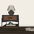 Modern Side Table With Wooden Top Metal Frame Drawer And Table Lamp