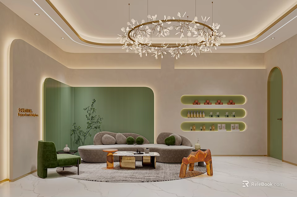 Elegant Beauty Salon Interior Design With Green Walls Comfortable Sofa Chandelier And Decorative Plants 3d model 