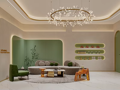 Elegant Beauty Salon Interior Design With Green Walls Comfortable Sofa Chandelier And Decorative Plants 3d model