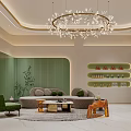 Elegant Beauty Salon Interior Design With Green Walls Comfortable Sofa Chandelier And Decorative Plants