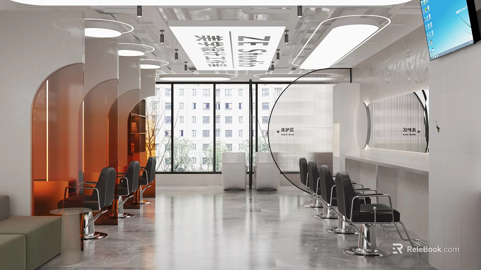 Spacious Modern Hair Salon Interior With Barber Chairs Large Windows And Mirrors 3d model 