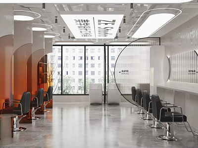 Spacious Modern Hair Salon Interior With Barber Chairs Large Windows And Mirrors 3d model