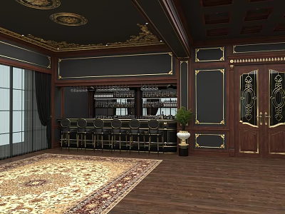Luxurious Interior Space With Dark Wood Decor Gold Accents Bar Counter And Patterned Rug 3d model