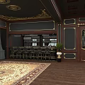 Luxurious Interior Space With Dark Wood Decor Gold Accents Bar Counter And Patterned Rug