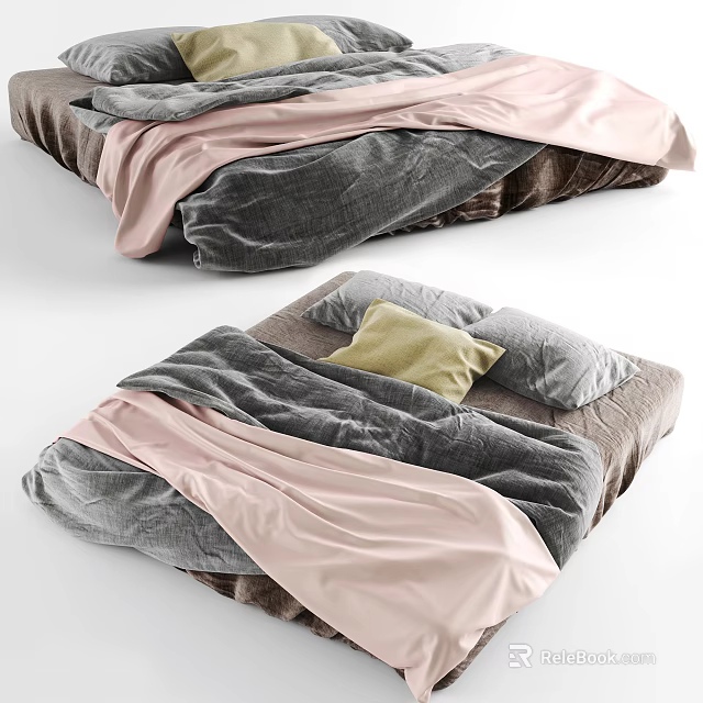Cozy Double Bed With Soft Pink Gray Blankets And Yellow Decorative Pillow 3d model 