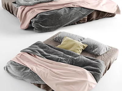 Cozy Double Bed With Soft Pink Gray Blankets And Yellow Decorative Pillow 3d model