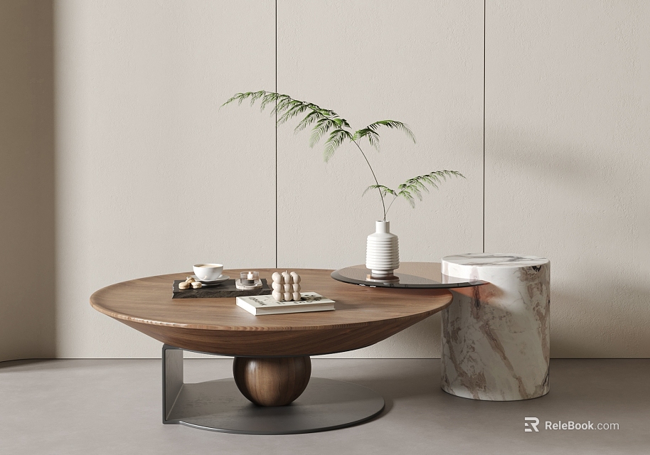 Modern Round Coffee Table With Wooden Top Metal Frame Green Plant And Marble Accent Decor 3d model 