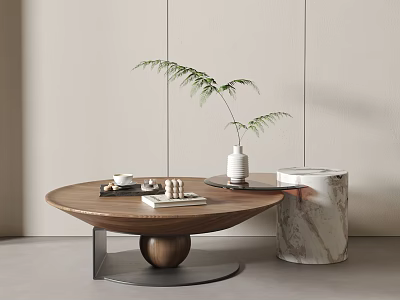 Modern Round Coffee Table With Wooden Top Metal Frame Green Plant And Marble Accent Decor 3d model