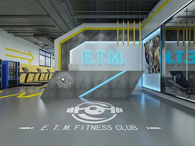 Modern ETM Fitness Club Interior With Dumbbell Logo And Front Counter 3d model