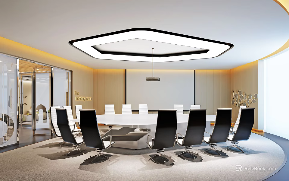 Modern Conference Room Interior With Round Meeting Table Black Leather Chairs Projection Screen And Stylish Ceiling Light 3d model 