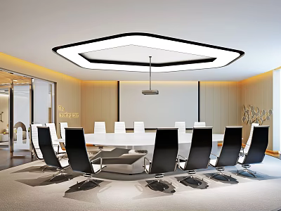 Modern Conference Room Interior With Round Meeting Table Black Leather Chairs Projection Screen And Stylish Ceiling Light 3d model