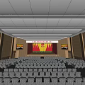 Spacious Conference Room With Red Seats Rows Stage Large Screen And Wooden Decor