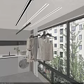 Clothes Hangers with Hanging Clothes in Modern Laundry Balcony Near Washing Machine and Window