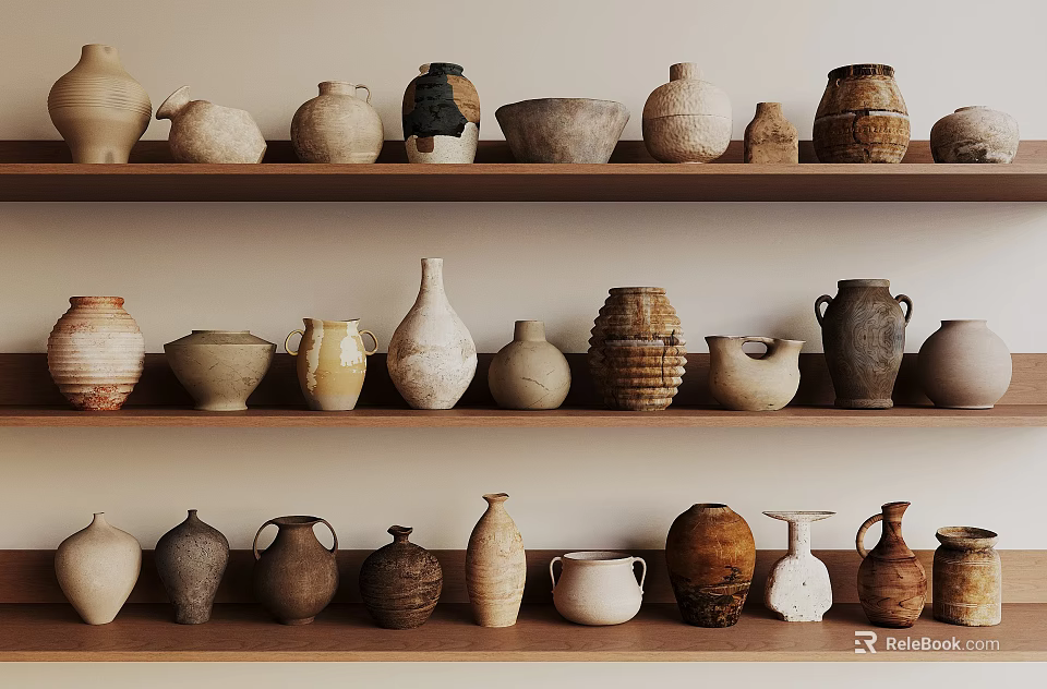 Ceramic Vessels Arranged on Wooden Shelves with Various Shapes Textures and Earthy Tones 3d model 