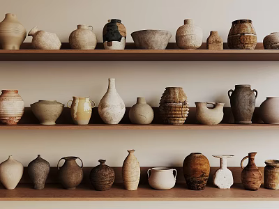 Ceramic Vessels Arranged on Wooden Shelves with Various Shapes Textures and Earthy Tones 3d model