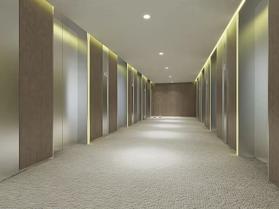 Shopping Mall Lobby With Long Corridor Elevators On Both Sides Carpeted Floor And Modern Lighting 3d model