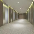 Shopping Mall Lobby With Long Corridor Elevators On Both Sides Carpeted Floor And Modern Lighting