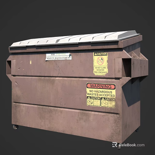 Public Facility Brown Dumpster With Hazardous Waste Warning Label And Wheels 3d model 