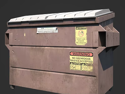 Public Facility Brown Dumpster With Hazardous Waste Warning Label And Wheels 3d model