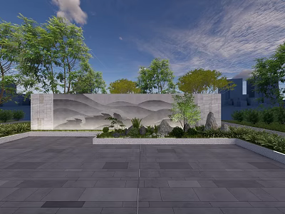 Modern Landscape Wall With Mountain Pattern Green Plants Trees And Paved Ground 3d model