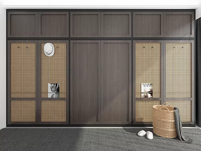 Dark Wood Wardrobe Interior With Lattice Panel Doors Storage Baskets And Slippers 3d model