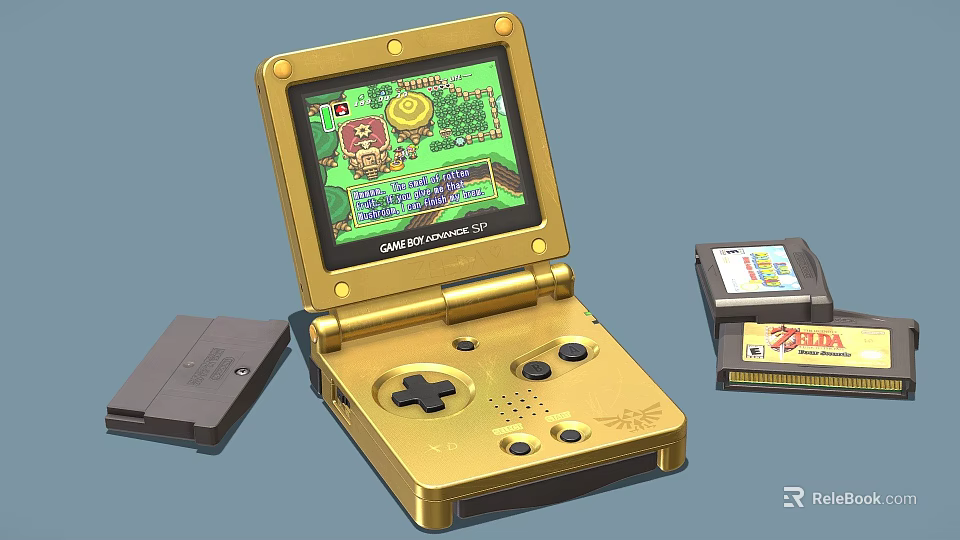 Golden Game Boy Advance SP Portable Gaming Console With Classic Game Cartridges 3d model 