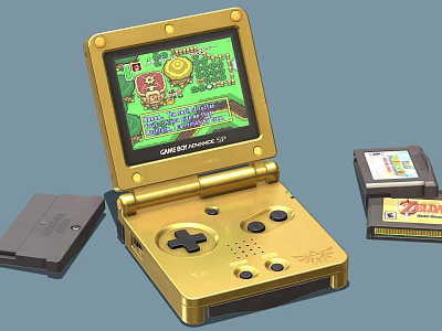 Golden Game Boy Advance SP Portable Gaming Console With Classic Game Cartridges 3d model Golden Game Boy Advance SP Portable Gaming Console With Classic Game Cartridges 3d model