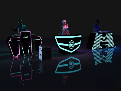 Neon Lit Commercial DJ Consoles Operated by Performers With Logo And Reflective Flooring 3d model