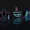 Neon Lit Commercial DJ Consoles Operated by Performers With Logo And Reflective Flooring
