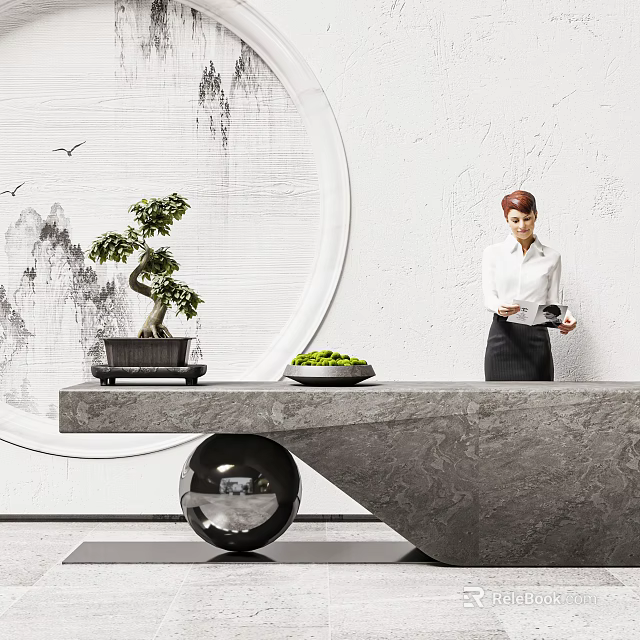 Modern Reception Desk with Mountain Landscape Circular Decor Bonsai Plant Green Foliage Staff Holding Tray 3d model 