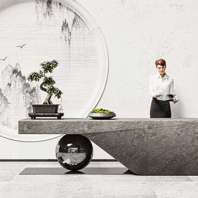 Modern Reception Desk with Mountain Landscape Circular Decor Bonsai Plant Green Foliage Staff Holding Tray 3d model