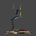 Game Movie Robot Character with Blue Armor Glowing Eyes Holding Weapon and Yellow Light Beams