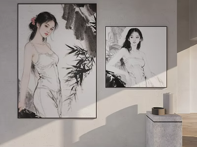 Chinese Ink Female Portrait Paintings With Bamboo And Black White Style For Interior Decor 3d model