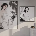 Chinese Ink Female Portrait Paintings With Bamboo And Black White Style For Interior Decor