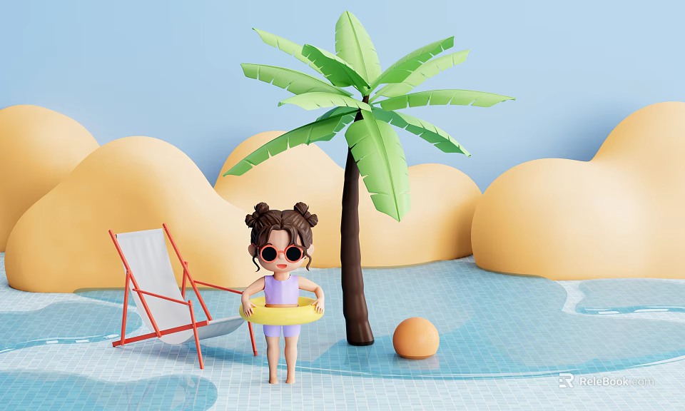 Cartoon Scene With Little Girl Palm Tree Red Deck Chair Beach Ball And Blue Water 3d model 