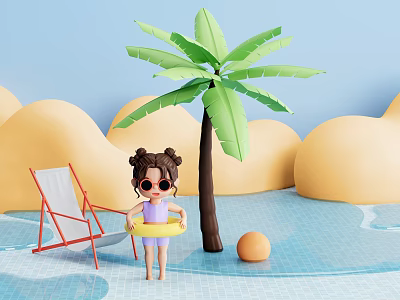 Cartoon Scene With Little Girl Palm Tree Red Deck Chair Beach Ball And Blue Water 3d model