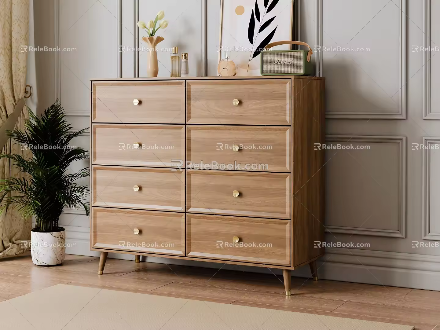 Simple solid wood eight-drawer cabinet 3d model