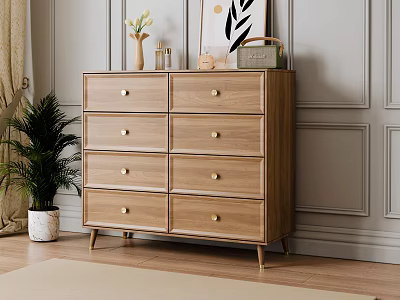 Wooden Dresser With Golden Handles Multiple Drawers By Green Plant Gray Wall And Wooden Floor 3d model