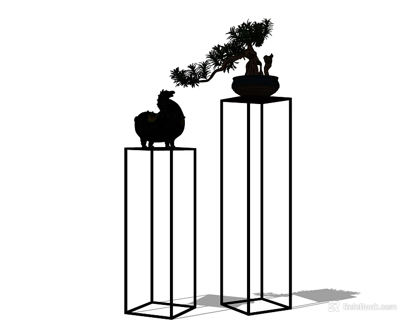 Stylish Bonsai Potted Plants Displayed On Two Tall Metal Pedestals 3d model 