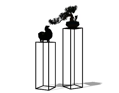 Stylish Bonsai Potted Plants Displayed On Two Tall Metal Pedestals 3d model