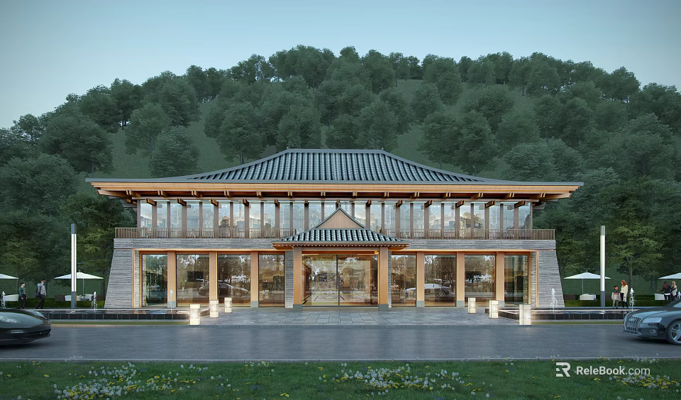 Traditional Style Visitor Center With Tiled Roof Glass Windows And Green Mountain Surroundings 3d model 