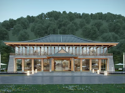 Traditional Style Visitor Center With Tiled Roof Glass Windows And Green Mountain Surroundings 3d model