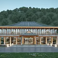Traditional Style Visitor Center With Tiled Roof Glass Windows And Green Mountain Surroundings