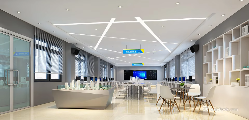 School Electronic Reading Area Interior With Computers Large Screen Tables And White Chairs 3d model 