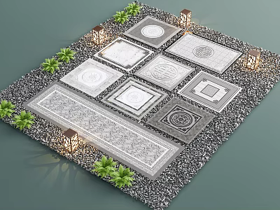 Decorative Floor Tiles With Various Patterns Surrounded By Small Lanterns Green Plants And Gray Background 3d model