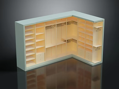 White Corner Wardrobe Interior With Multiple Compartments Drawers And Hanging Rods 3d model