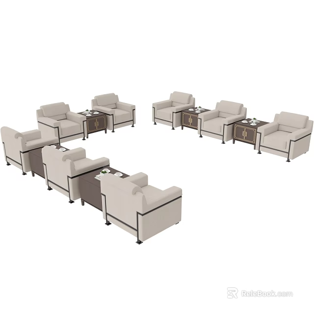 Multiple Single Sofas Arranged with Small Coffee Tables in Living Room Setup 3d model