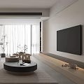 Modern Minimalist Living Room Interior With Gray Sofa Round Coffee Table TV And Large Windows