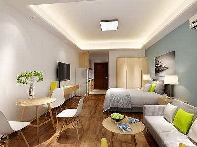 Modern Apartment Interior With Sofa Bed TV Table Chairs Plant And Green Cushions 3d model