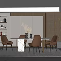 Modern Elegant Restaurant Interior With Marble Dining Table Light Brown Chairs And Lit Shelves